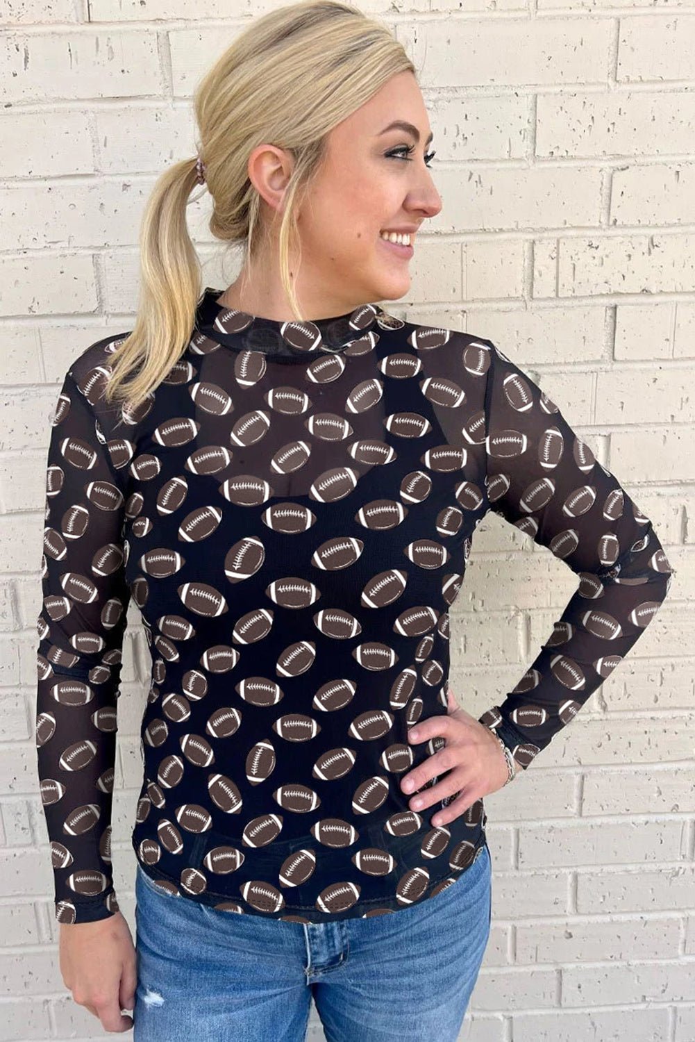 Black Game Day Football Mesh Sheer Long Sleeve Top - MAD RUFFI