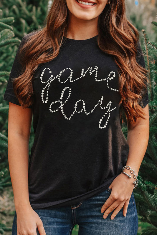 Black Game Day Letter Rhinestone Print Graphic Tee - MAD RUFFI