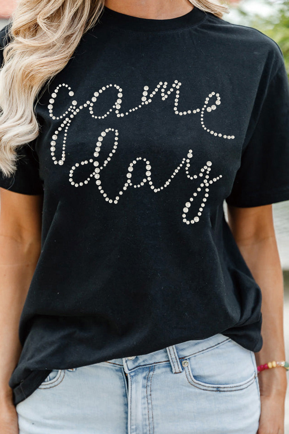 Black Game Day Letter Rhinestone Print Graphic Tee - MAD RUFFI