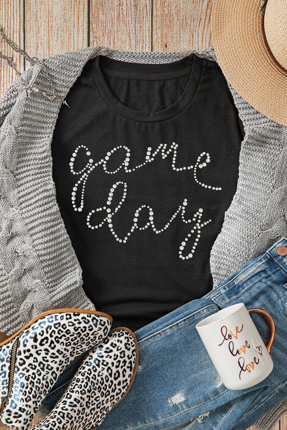 Black Game Day Letter Rhinestone Print Graphic Tee - MAD RUFFI