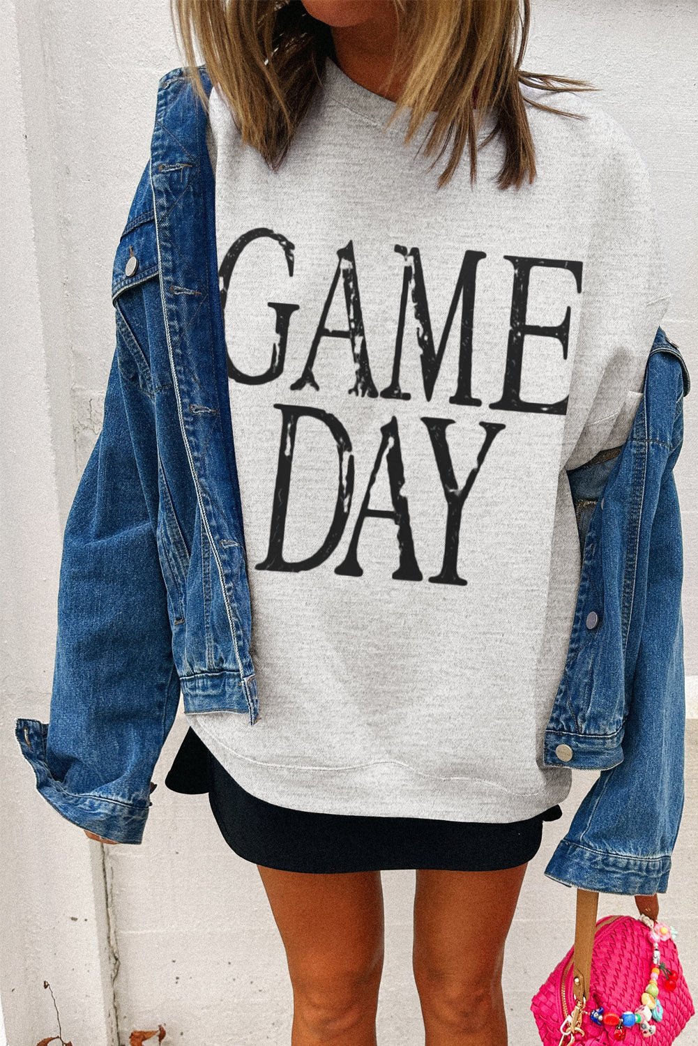 Black GAME DAY Vintage Washed Letter Graphic Baggy Sweatshirt - MAD RUFFI