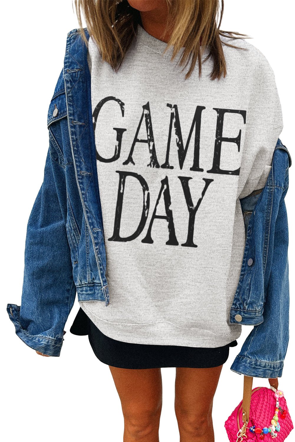 Black GAME DAY Vintage Washed Letter Graphic Baggy Sweatshirt - MAD RUFFI