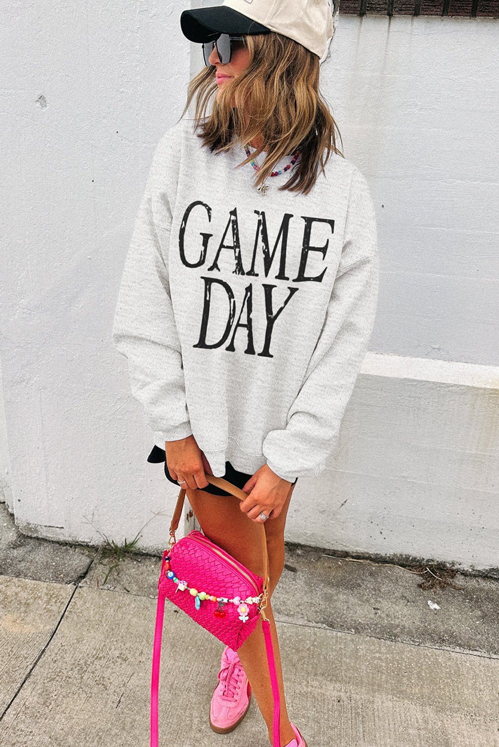 Black GAME DAY Vintage Washed Letter Graphic Baggy Sweatshirt - MAD RUFFI