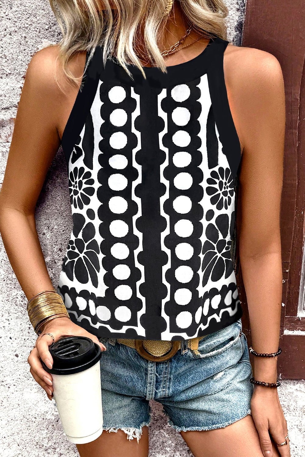 Black Geometric Print Sleeveless Top - MAD RUFFI