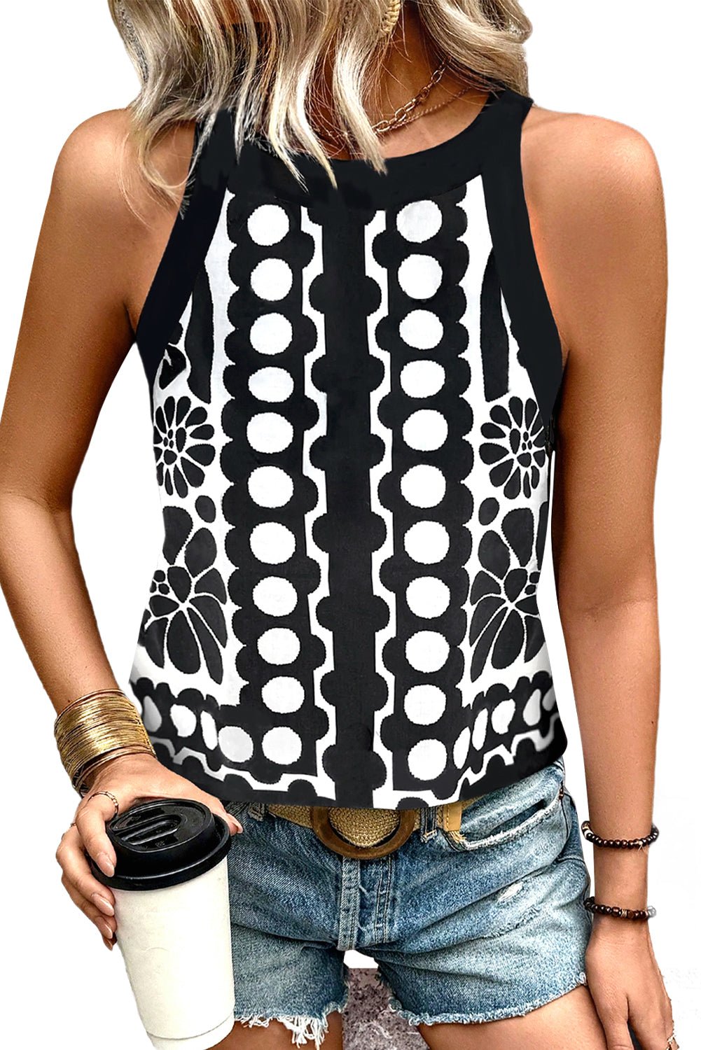 Black Geometric Print Sleeveless Top - MAD RUFFI