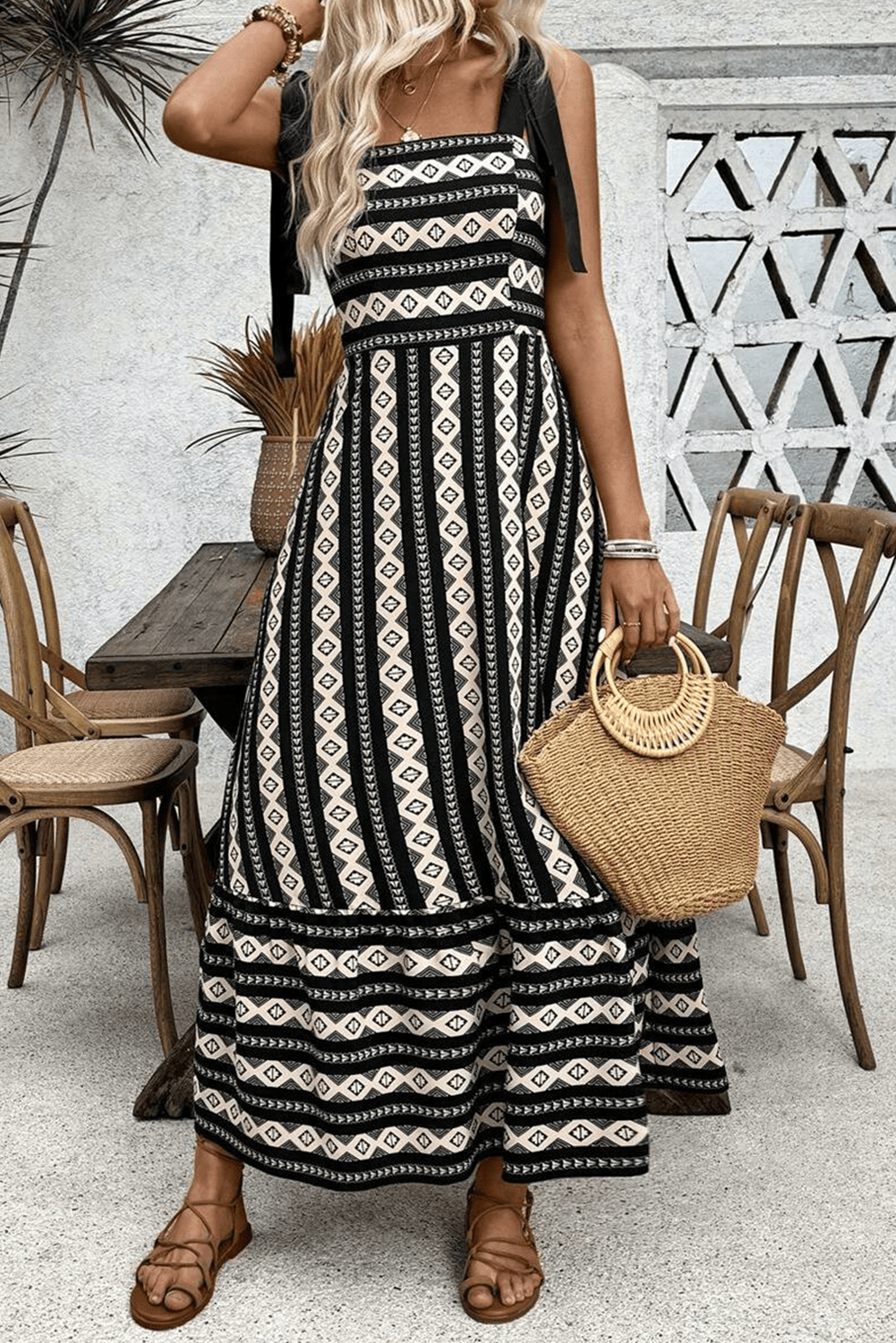 Black Geometric Striped Knot Strap Maxi Dress - MAD RUFFI