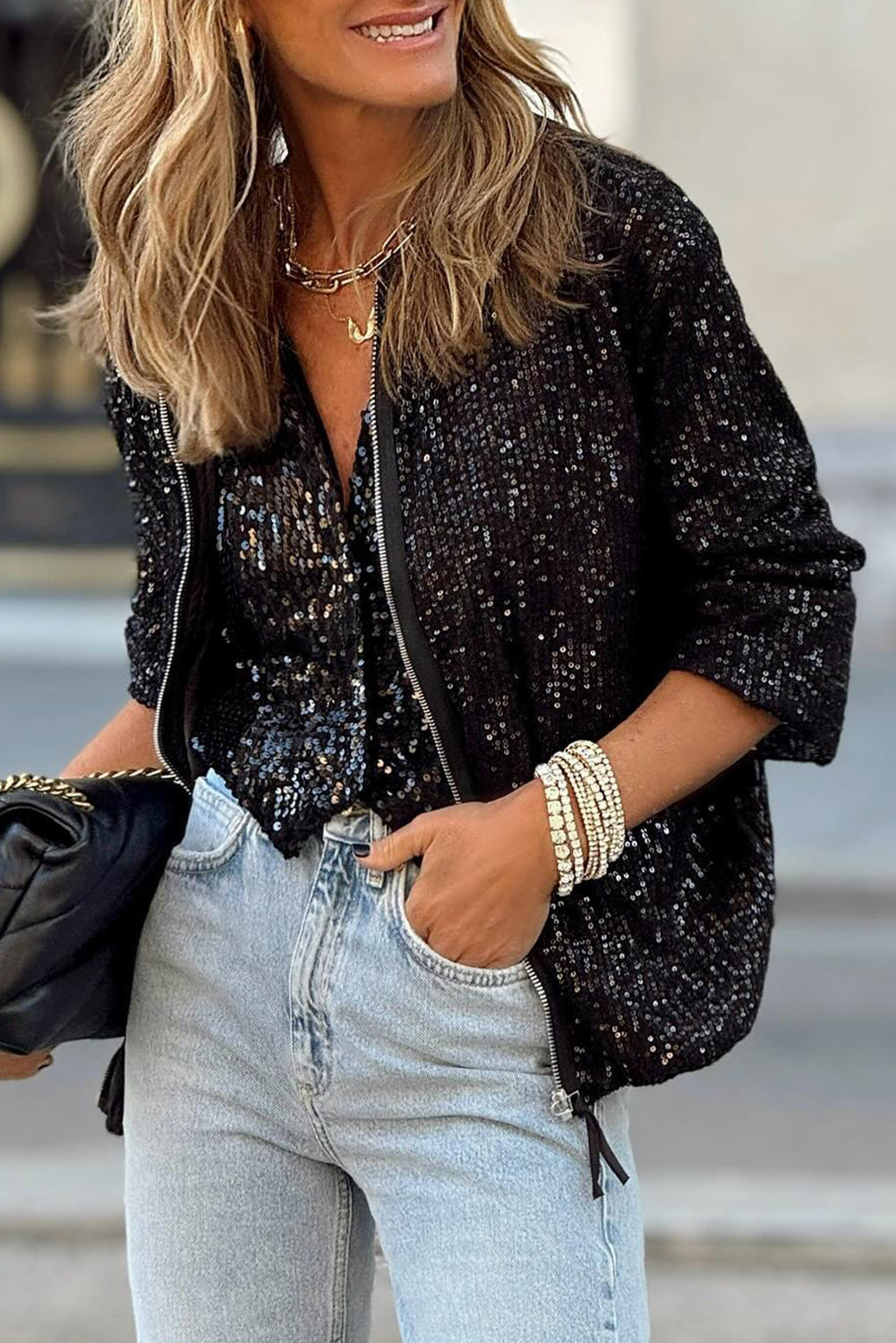 Black Glitter Sequined Jacket for Women | Trendy, Chic Evening Wear, Party Jacket, Stylish Women’s Fashion, Night Out