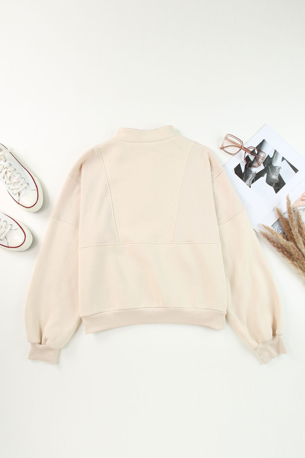 Black Half Zip Stand Collar Exposed Seam Solid Color Casual Sweatshirt - MAD RUFFI