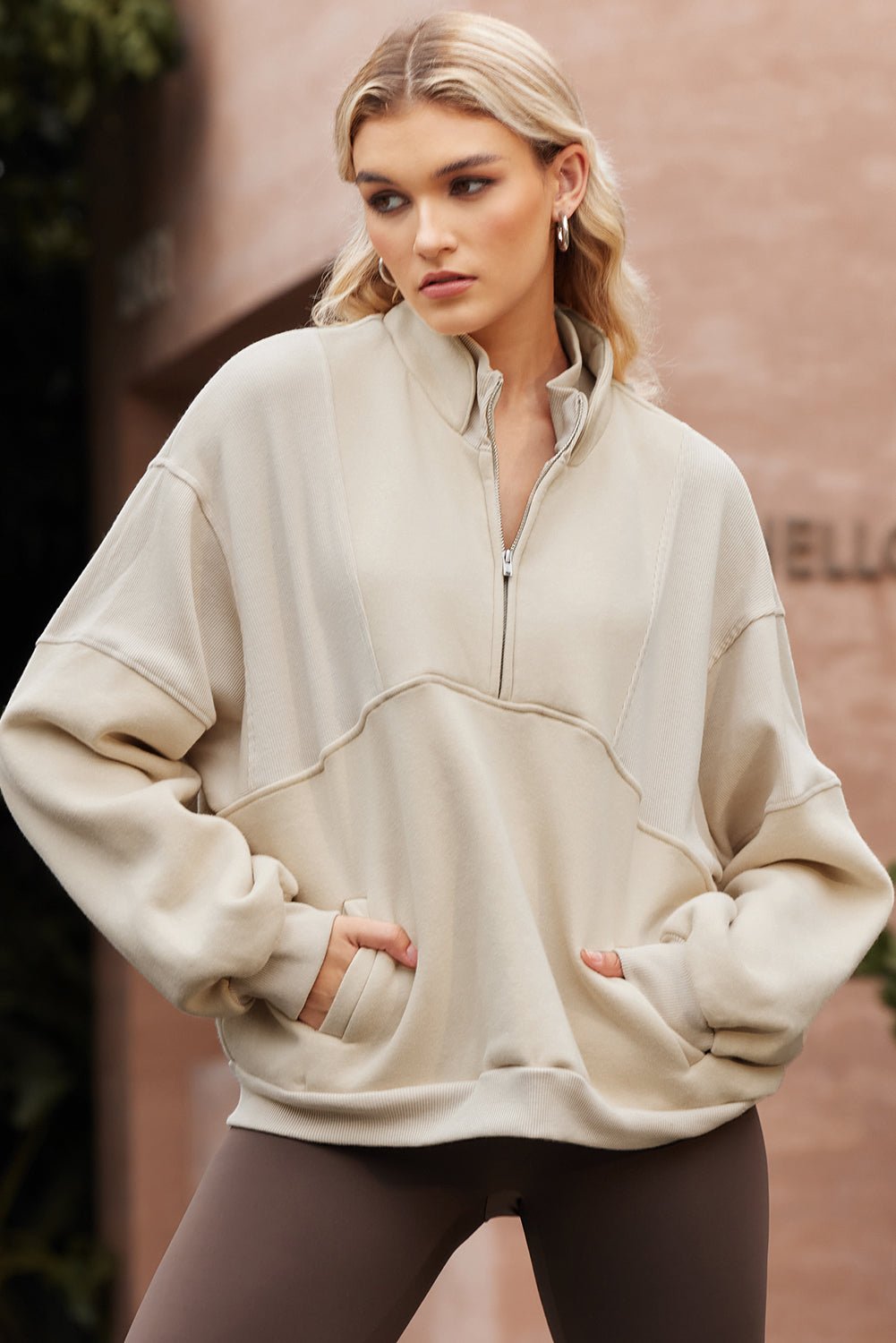 Black Half Zip Stand Collar Exposed Seam Solid Color Casual Sweatshirt - MAD RUFFI