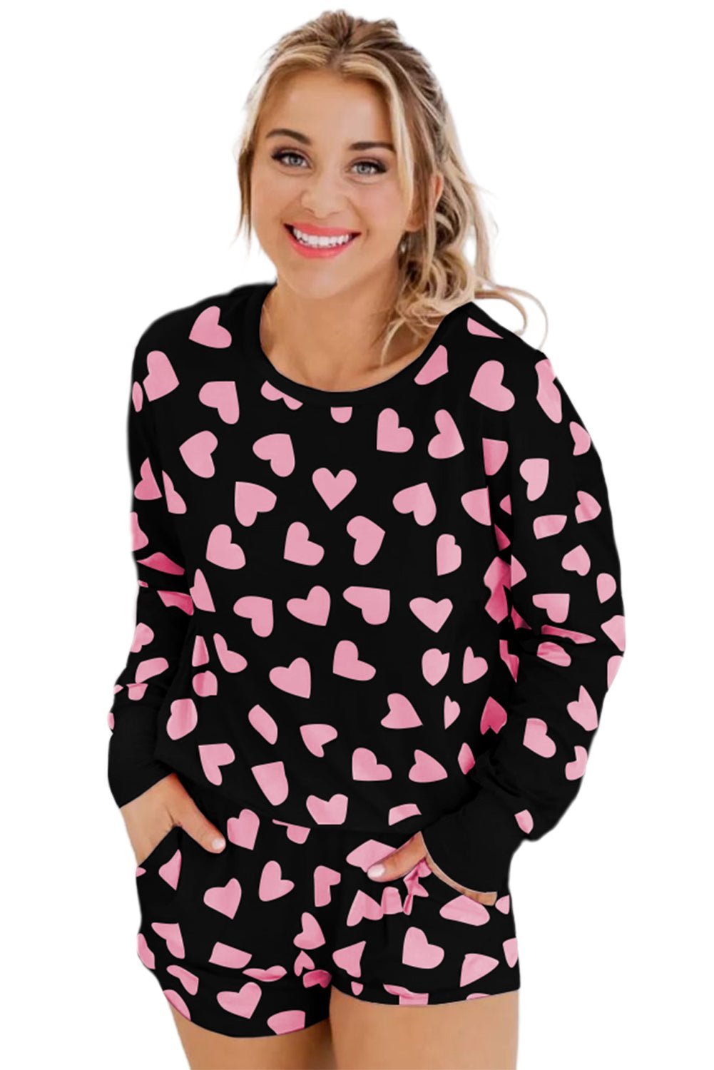 Black Heart Shape Print Long Sleeve Top and Shorts Loungewear Set - MAD RUFFI