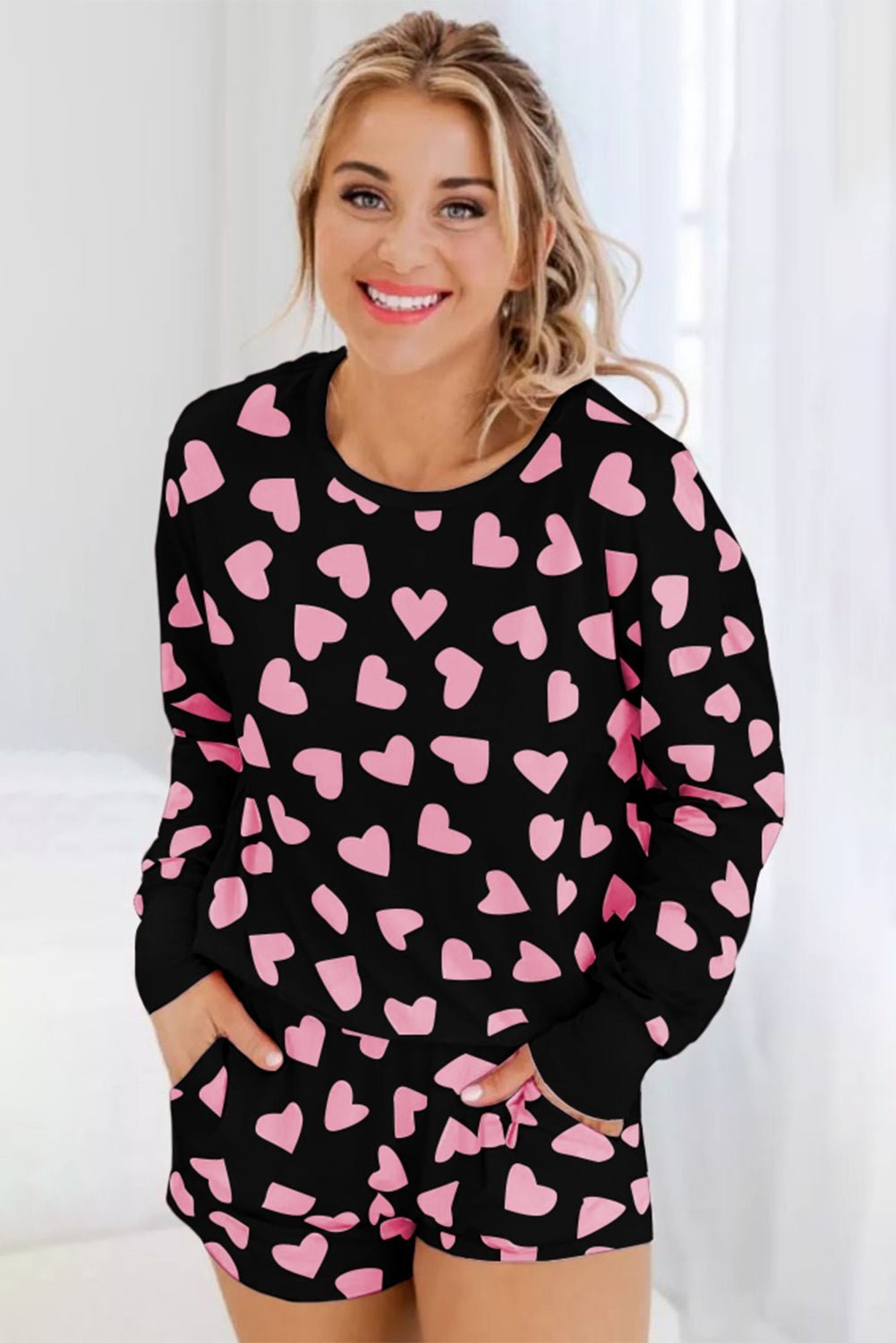Black Heart Shape Print Long Sleeve Top and Shorts Loungewear Set - MAD RUFFI