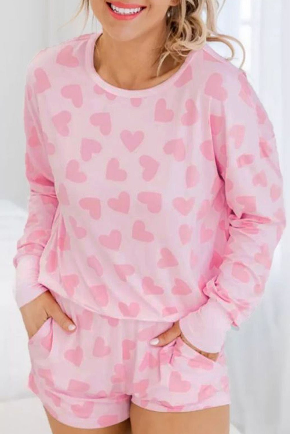 Black Heart Shape Print Long Sleeve Top and Shorts Loungewear Set - MAD RUFFI