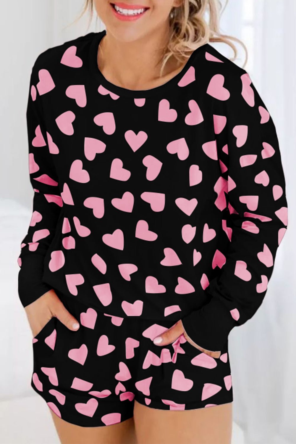 Black Heart Shape Print Long Sleeve Top and Shorts Loungewear Set - MAD RUFFI