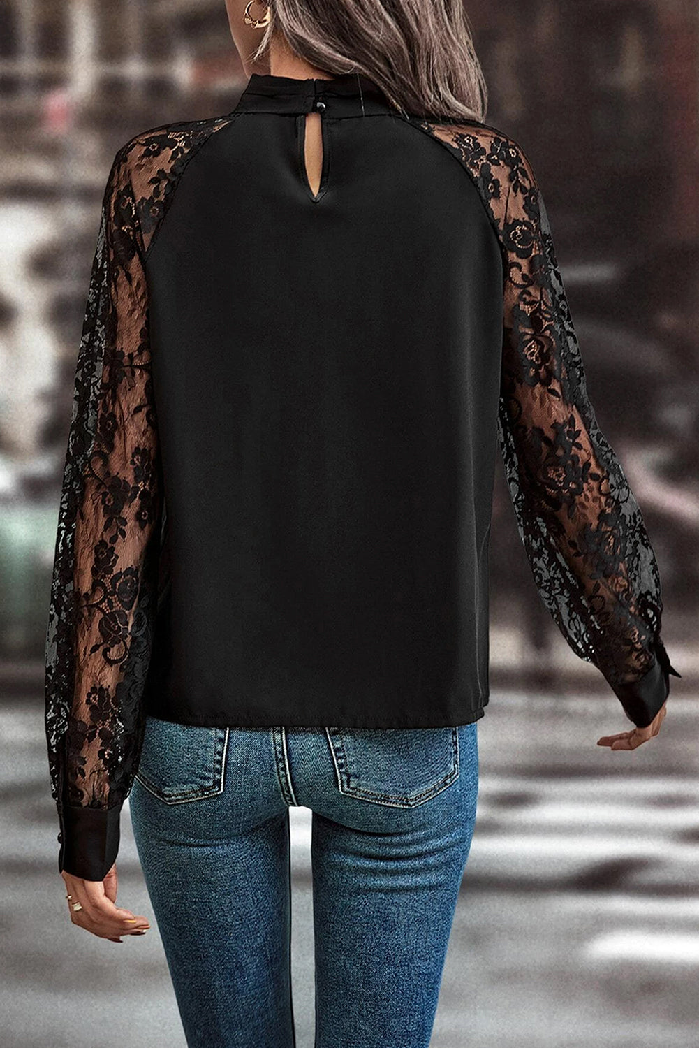 Black Keyhole Neckline Lace Splicing Raglan Sleeve Blouse - MAD RUFFI