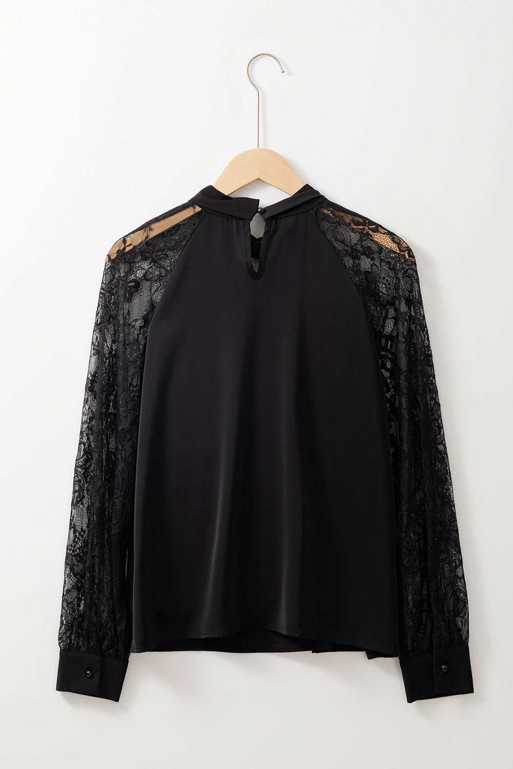 Black Keyhole Neckline Lace Splicing Raglan Sleeve Blouse - MAD RUFFI