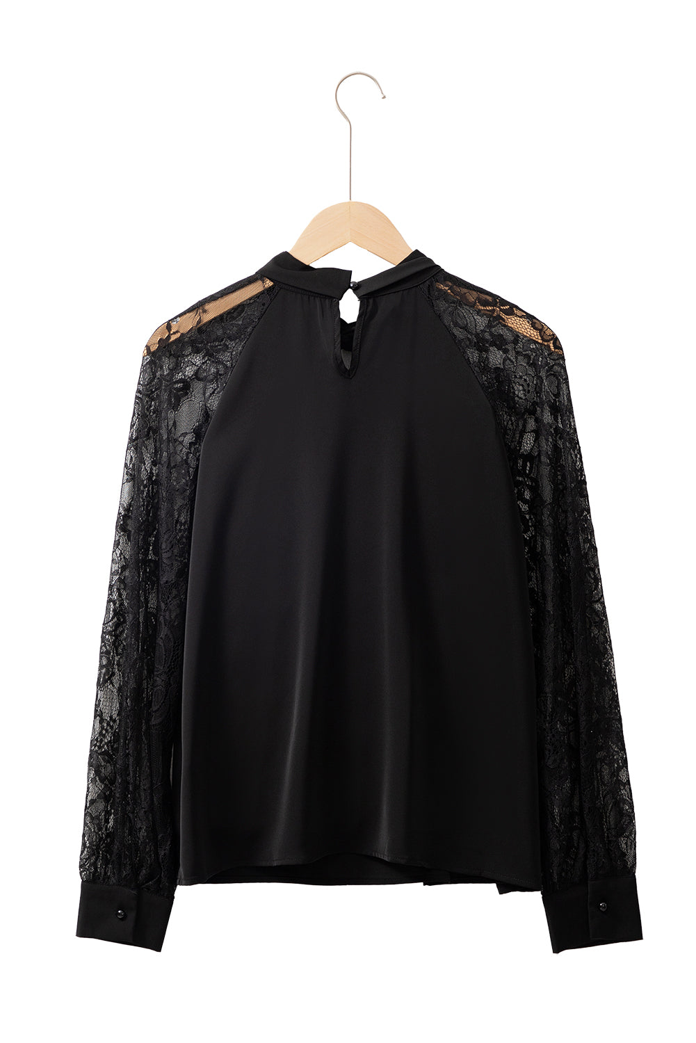 Black Keyhole Neckline Lace Splicing Raglan Sleeve Blouse - MAD RUFFI