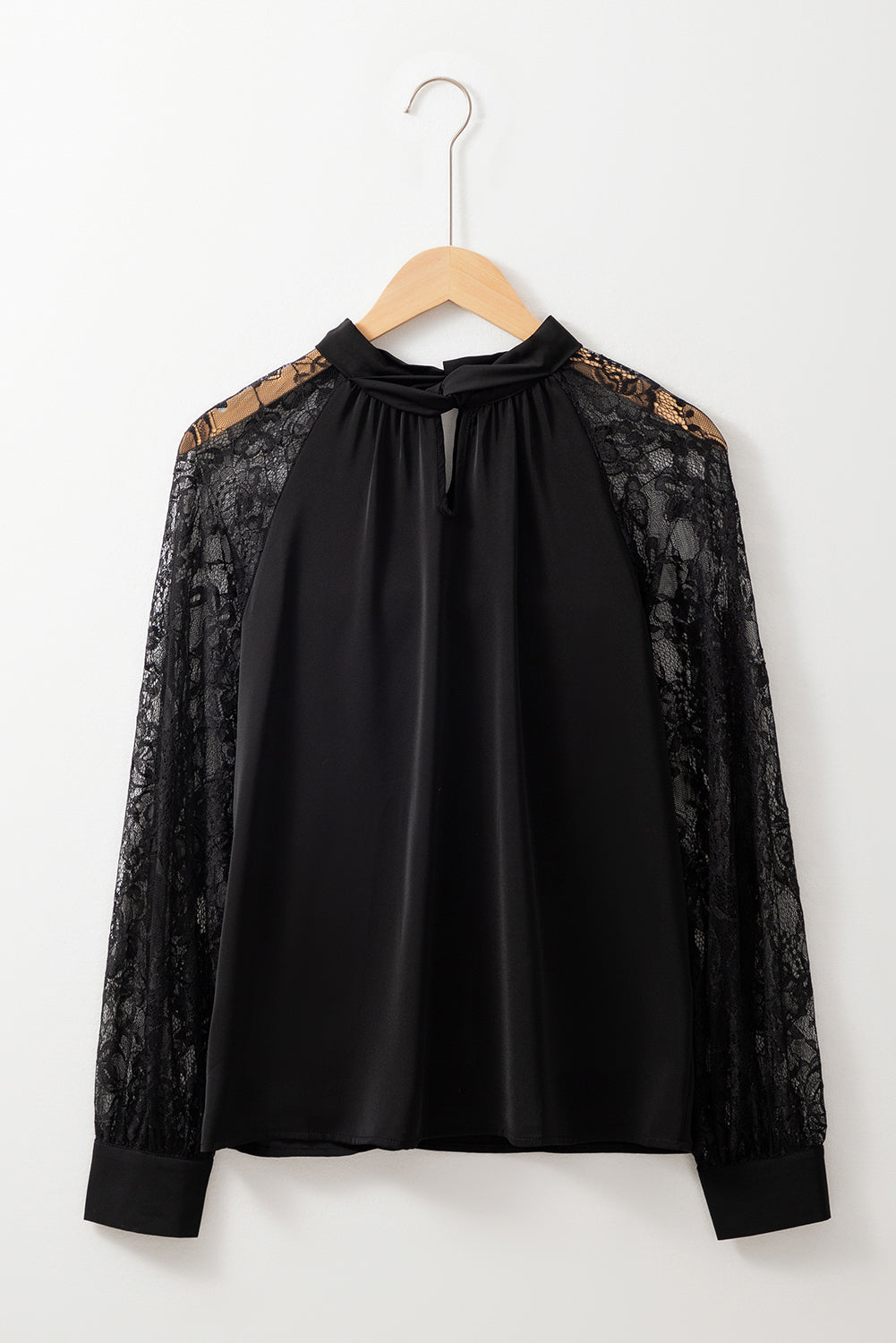 Black Keyhole Neckline Lace Splicing Raglan Sleeve Blouse - MAD RUFFI