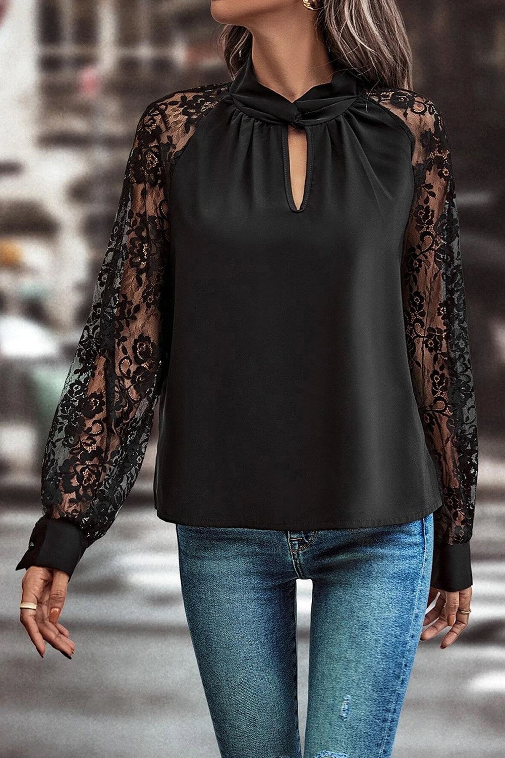 Black Keyhole Neckline Lace Splicing Raglan Sleeve Blouse - MAD RUFFI