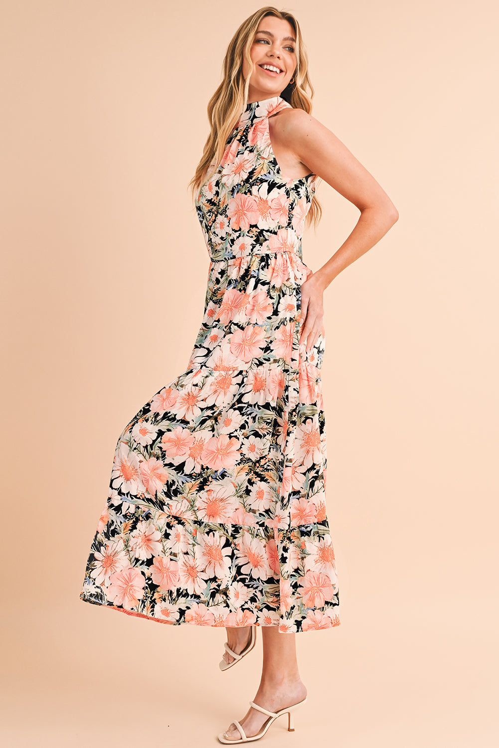 Black Knotted Halter Floral Print Ruffle Tiered Maxi Dress - MAD RUFFI