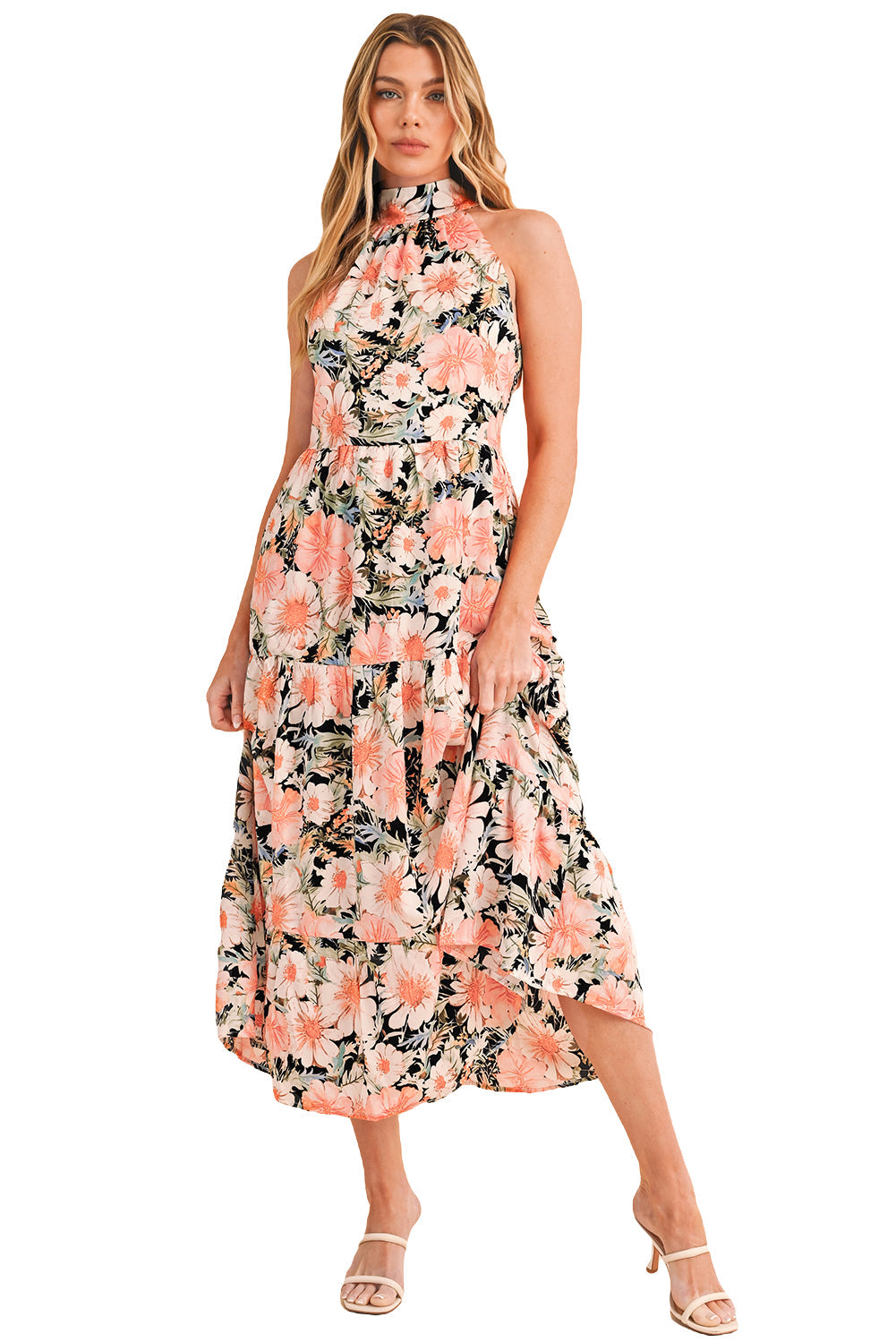 Black Knotted Halter Floral Print Ruffle Tiered Maxi Dress - MAD RUFFI