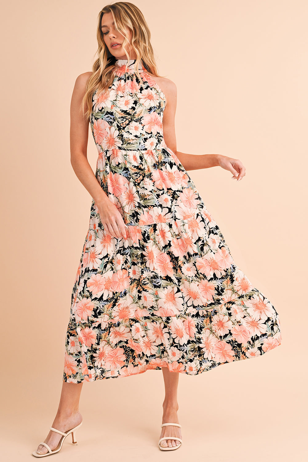 Black Knotted Halter Floral Print Ruffle Tiered Maxi Dress - MAD RUFFI