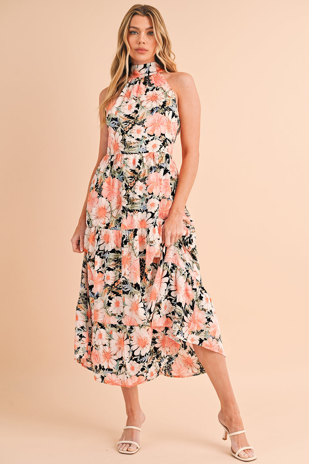 Black Knotted Halter Floral Print Ruffle Tiered Maxi Dress - MAD RUFFI