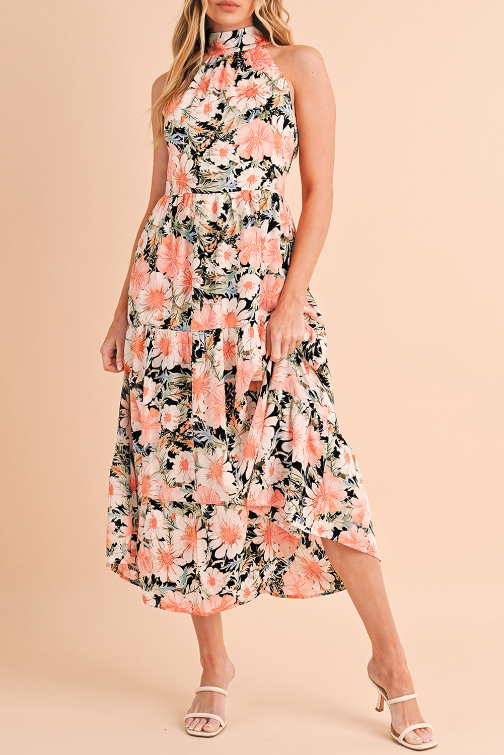 Black Knotted Halter Floral Print Ruffle Tiered Maxi Dress - MAD RUFFI