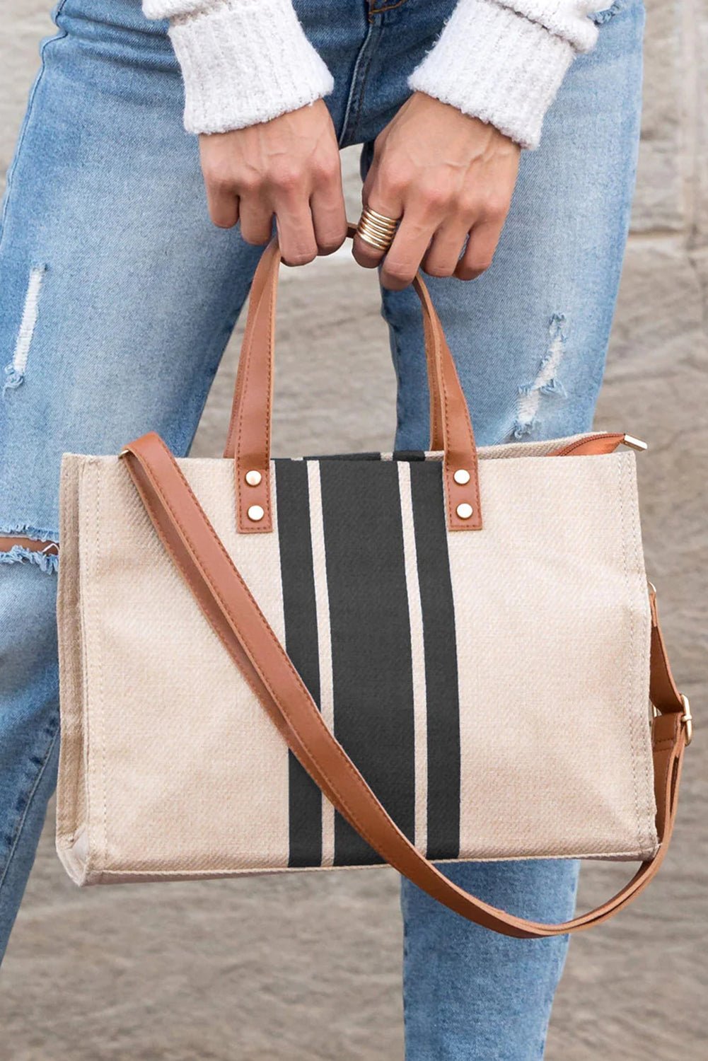 Black Large Striped Shoulder Bag - MAD RUFFI