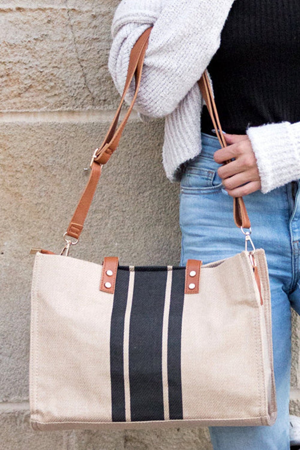 Black Large Striped Shoulder Bag - MAD RUFFI