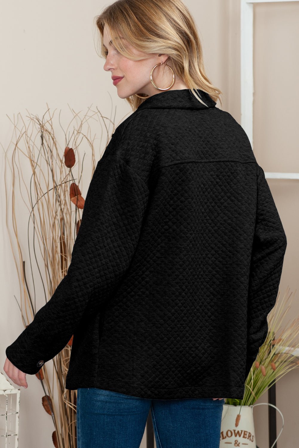 Black Lattice Texture Retro Flap Pocket Button Quilted Shacket - MAD RUFFI