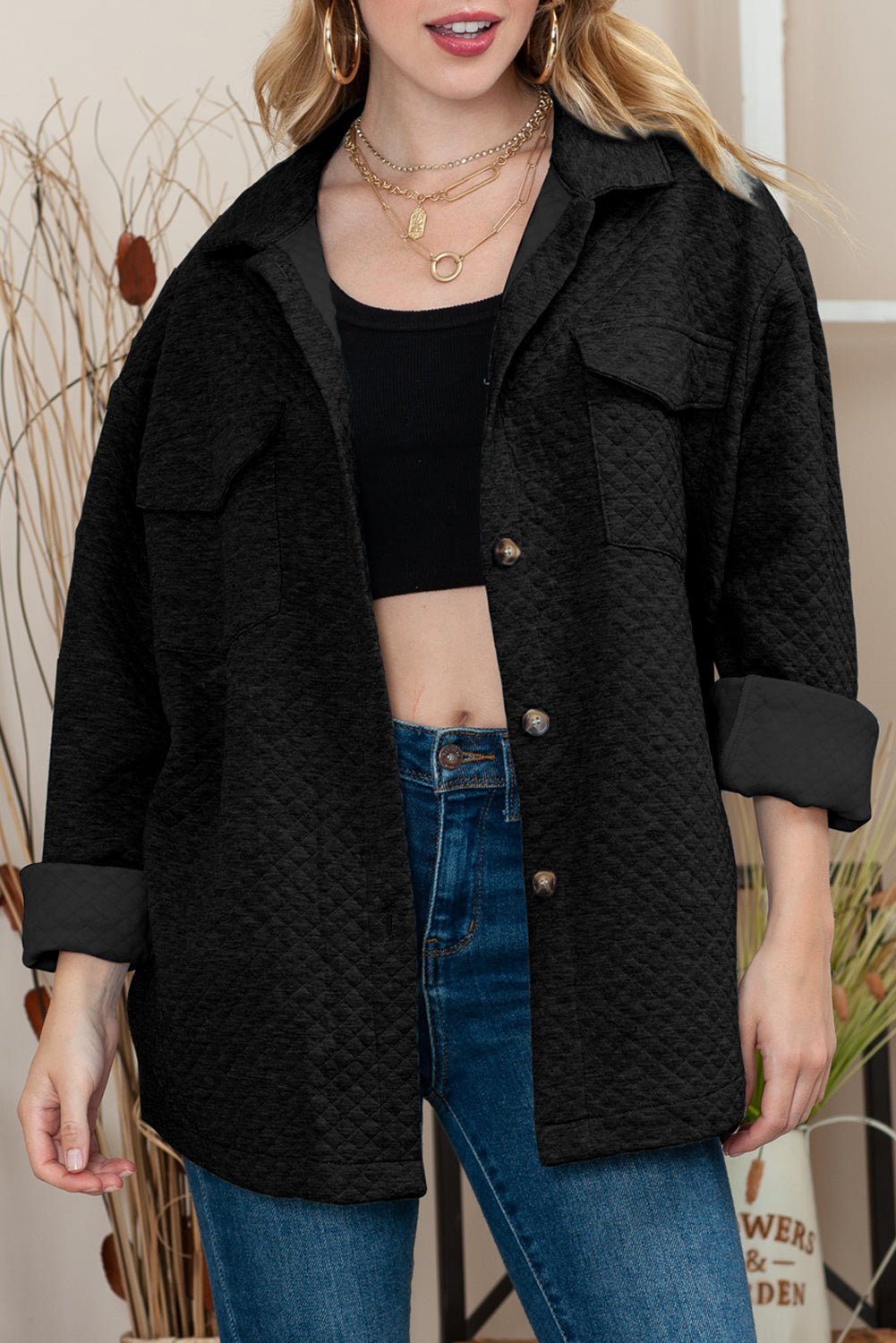 Black Lattice Texture Retro Flap Pocket Button Quilted Shacket - MAD RUFFI