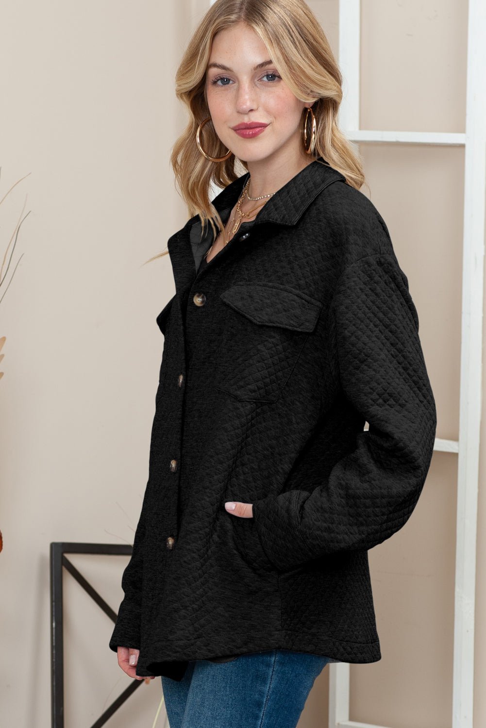 Black Lattice Texture Retro Flap Pocket Button Quilted Shacket - MAD RUFFI