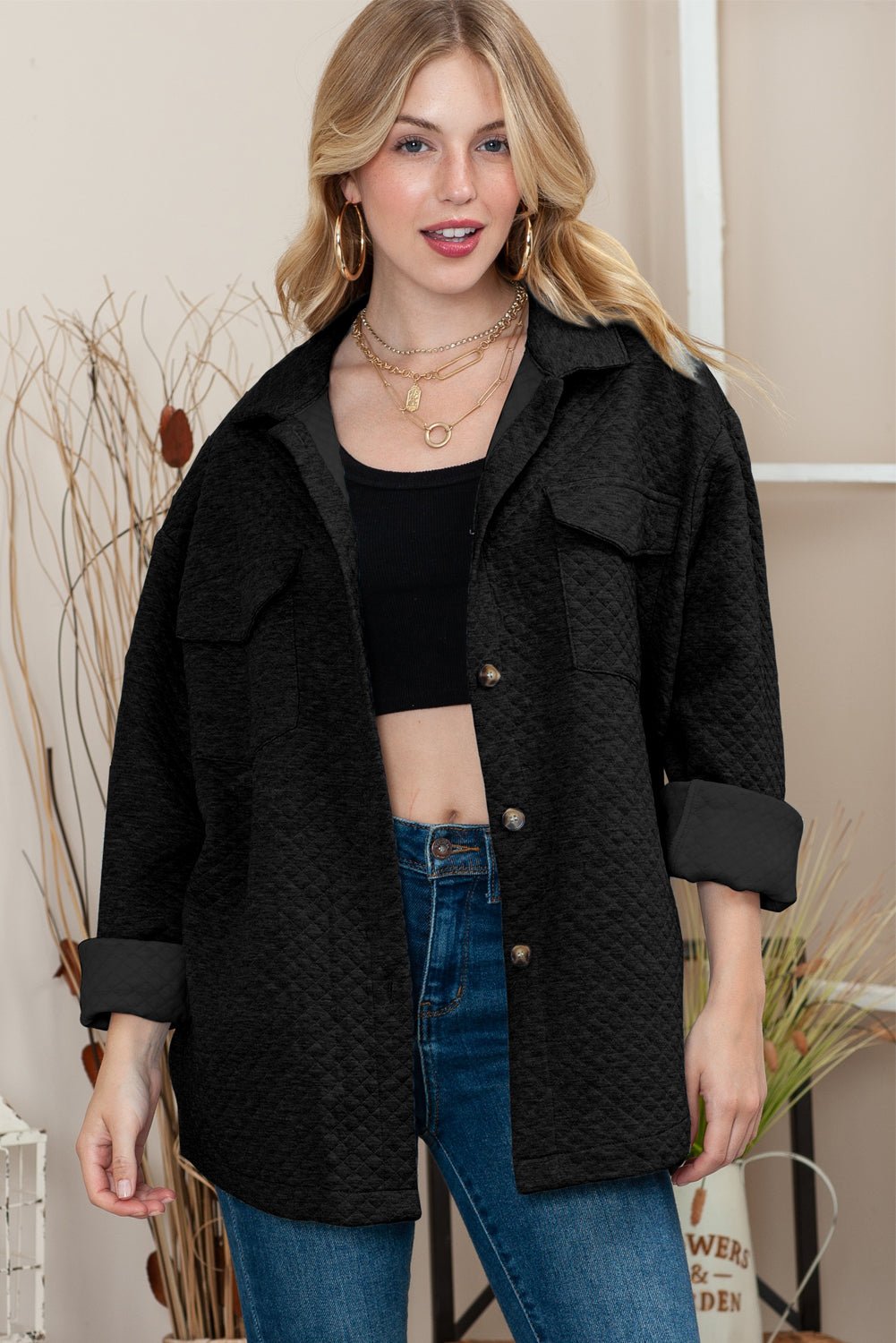 Black Lattice Texture Retro Flap Pocket Button Quilted Shacket - MAD RUFFI