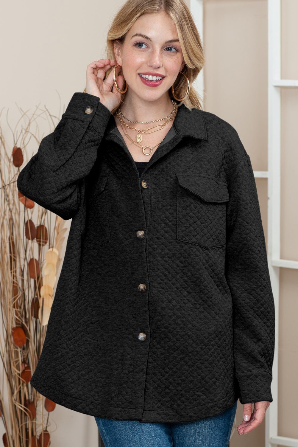 Black Lattice Texture Retro Flap Pocket Button Quilted Shacket - MAD RUFFI