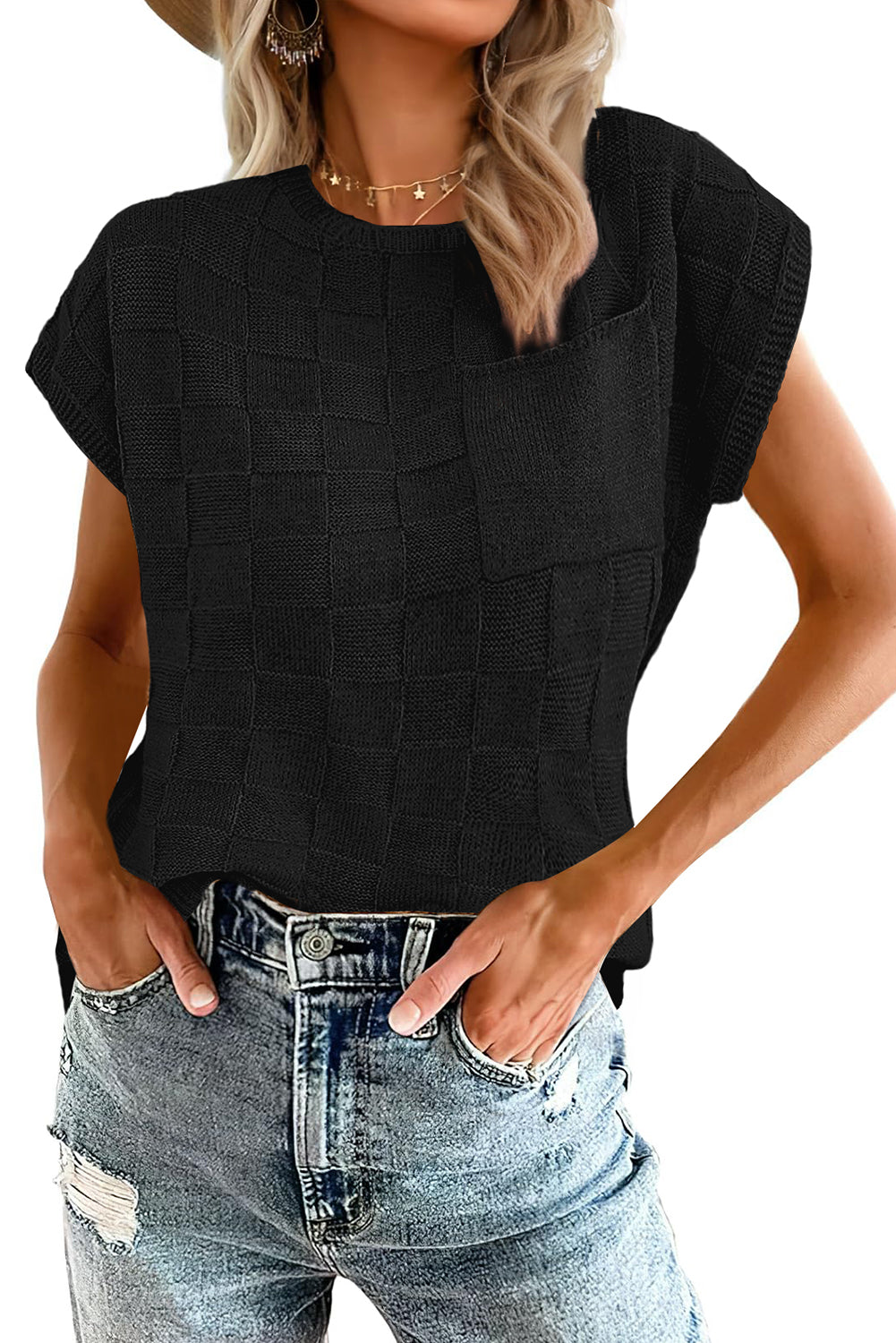 Black Lattice Textured Knit Short Sleeve Baggy Sweater - MAD RUFFI