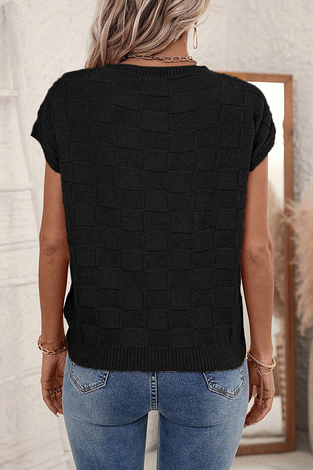 Black Lattice Textured Knit Short Sleeve Baggy Sweater - MAD RUFFI