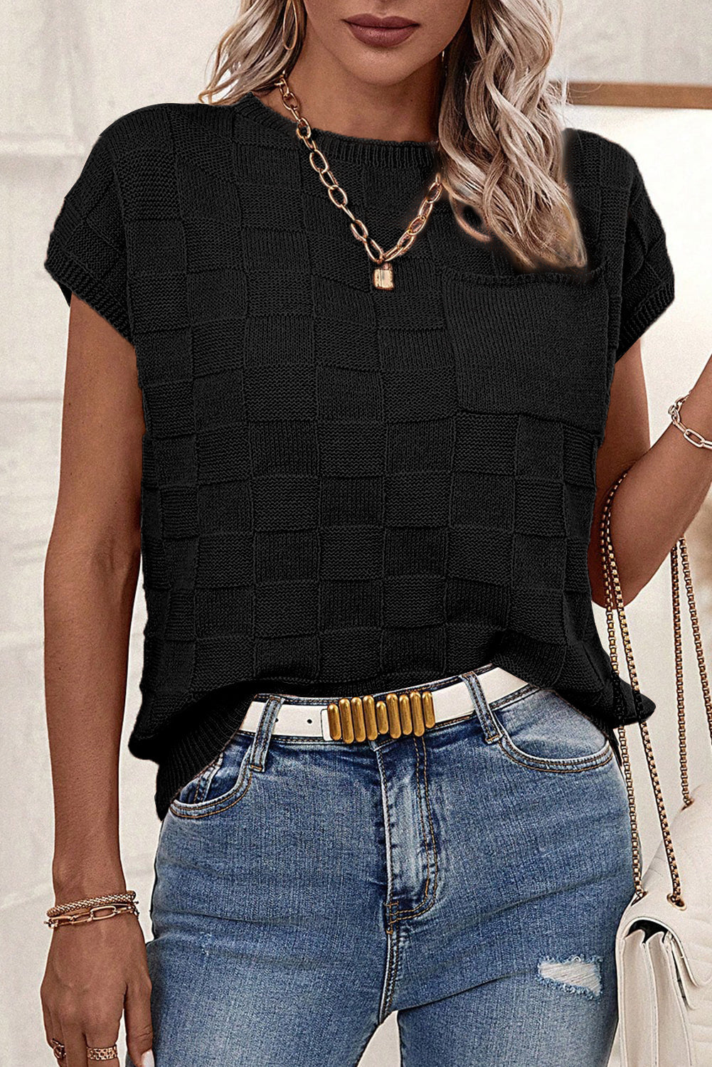 Black Lattice Textured Knit Short Sleeve Baggy Sweater - MAD RUFFI