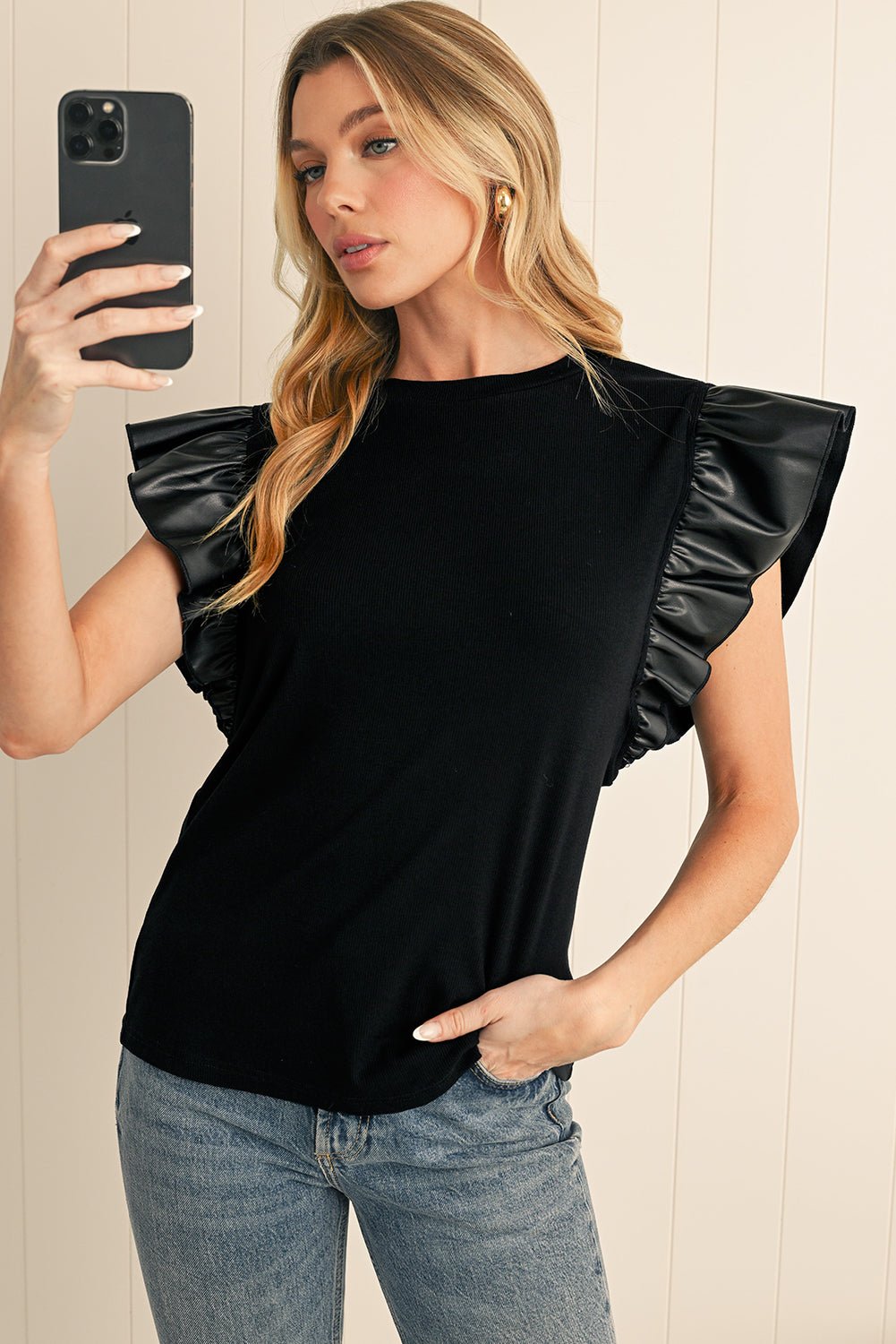 Black Leather Ruffle Shoulder Plain Blouse - MAD RUFFI