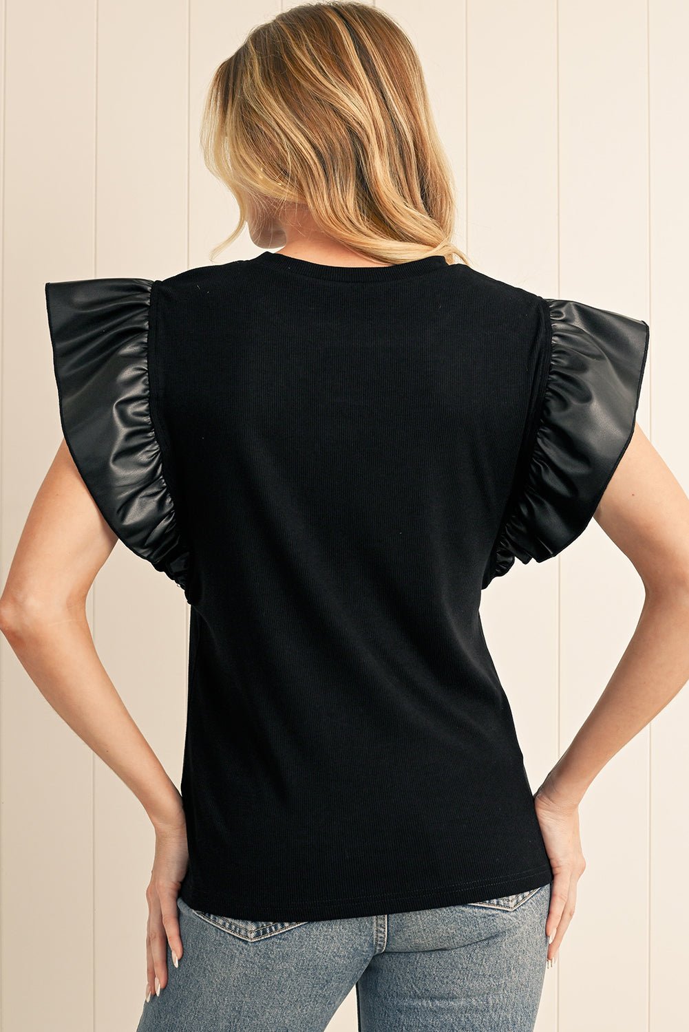 Black Leather Ruffle Shoulder Plain Blouse - MAD RUFFI