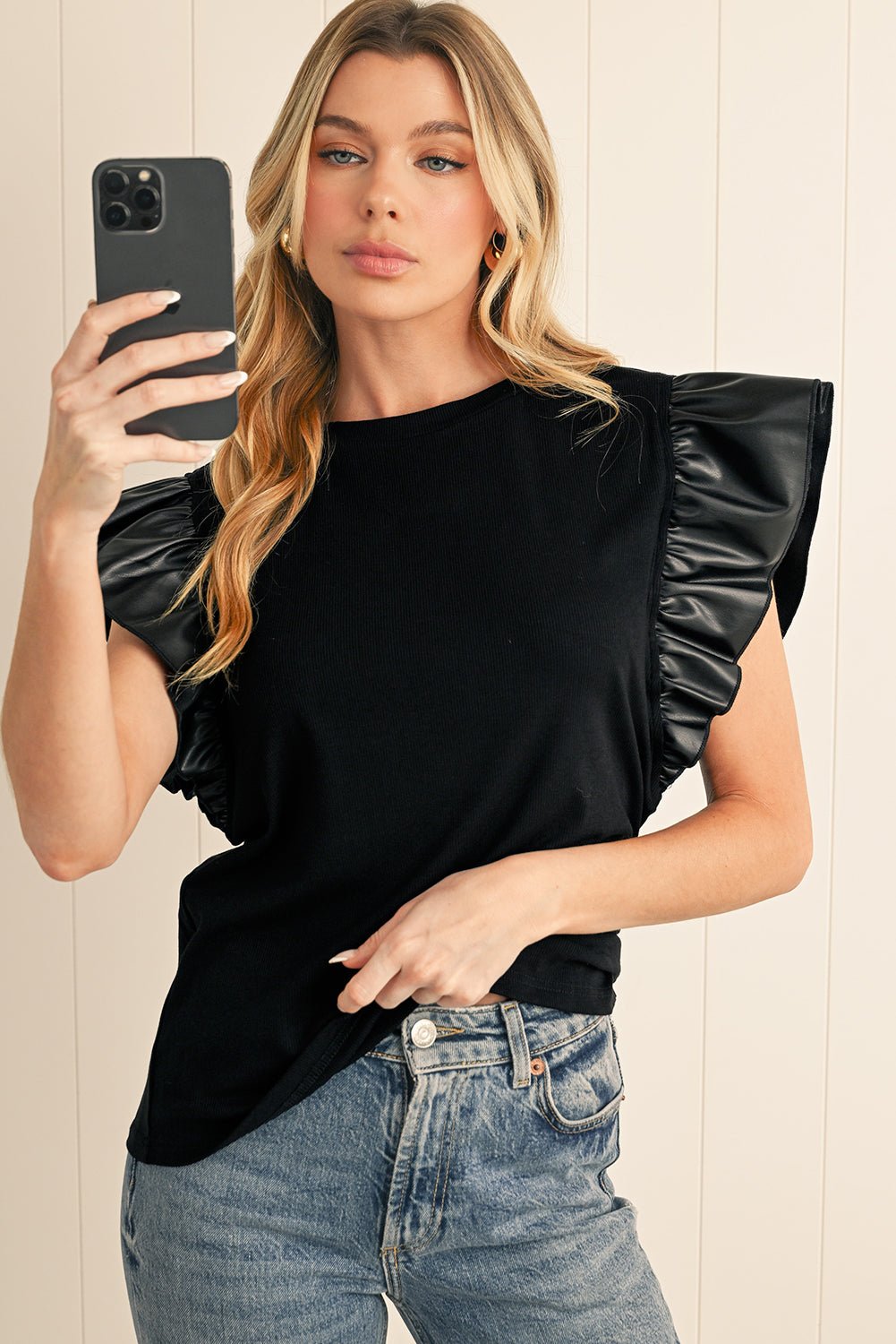 Black Leather Ruffle Shoulder Plain Blouse - MAD RUFFI