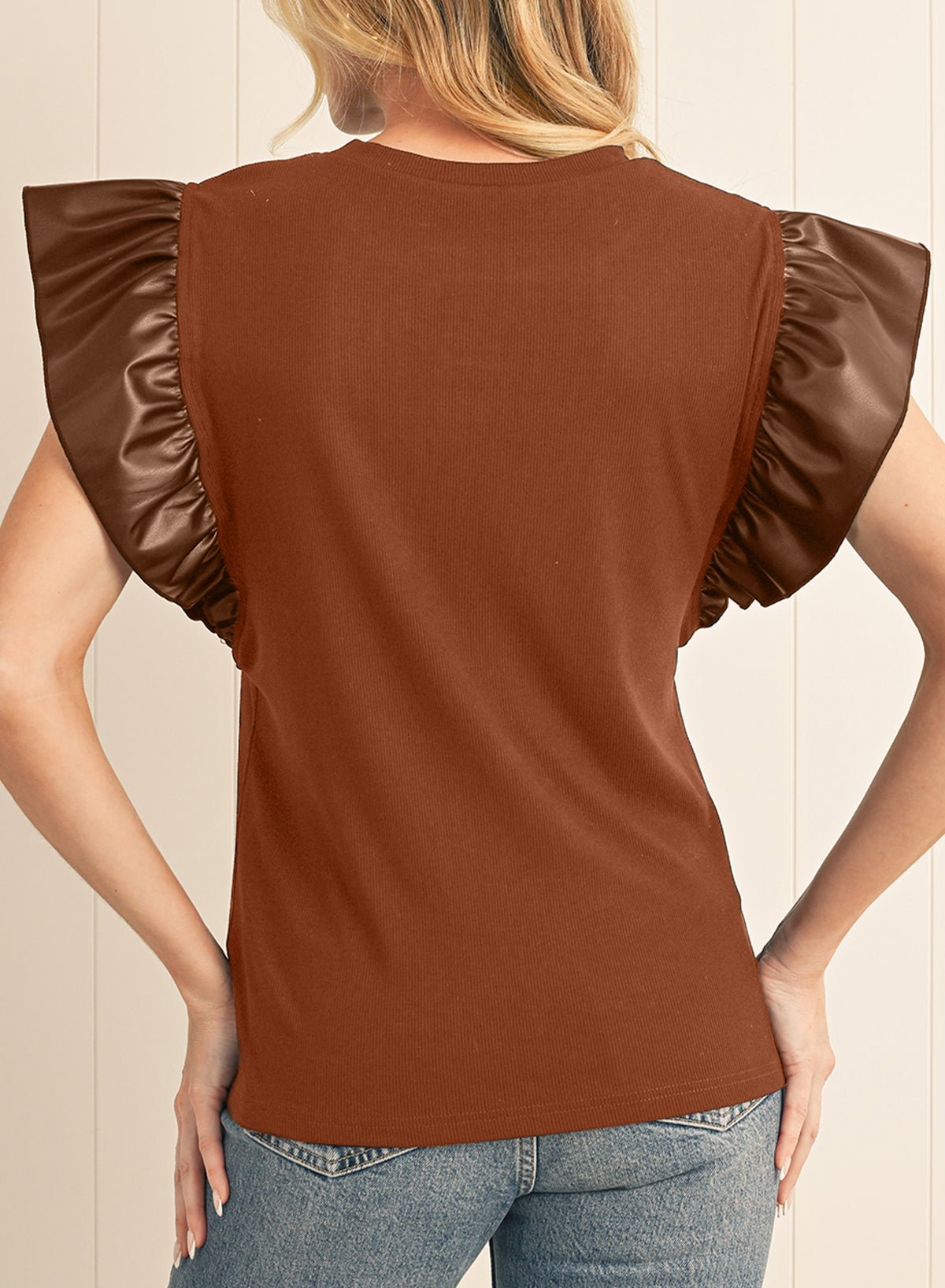 Black Leather Ruffle Shoulder Plain Blouse - MAD RUFFI