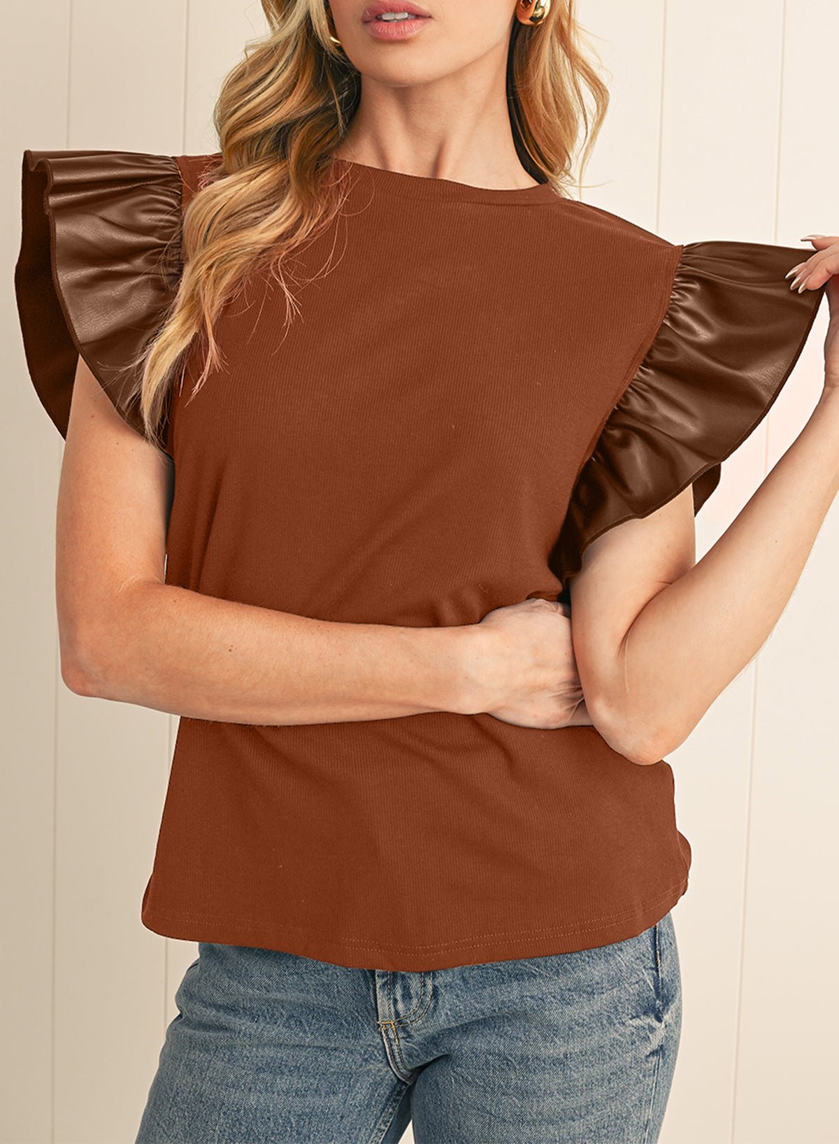 Black Leather Ruffle Shoulder Plain Blouse - MAD RUFFI