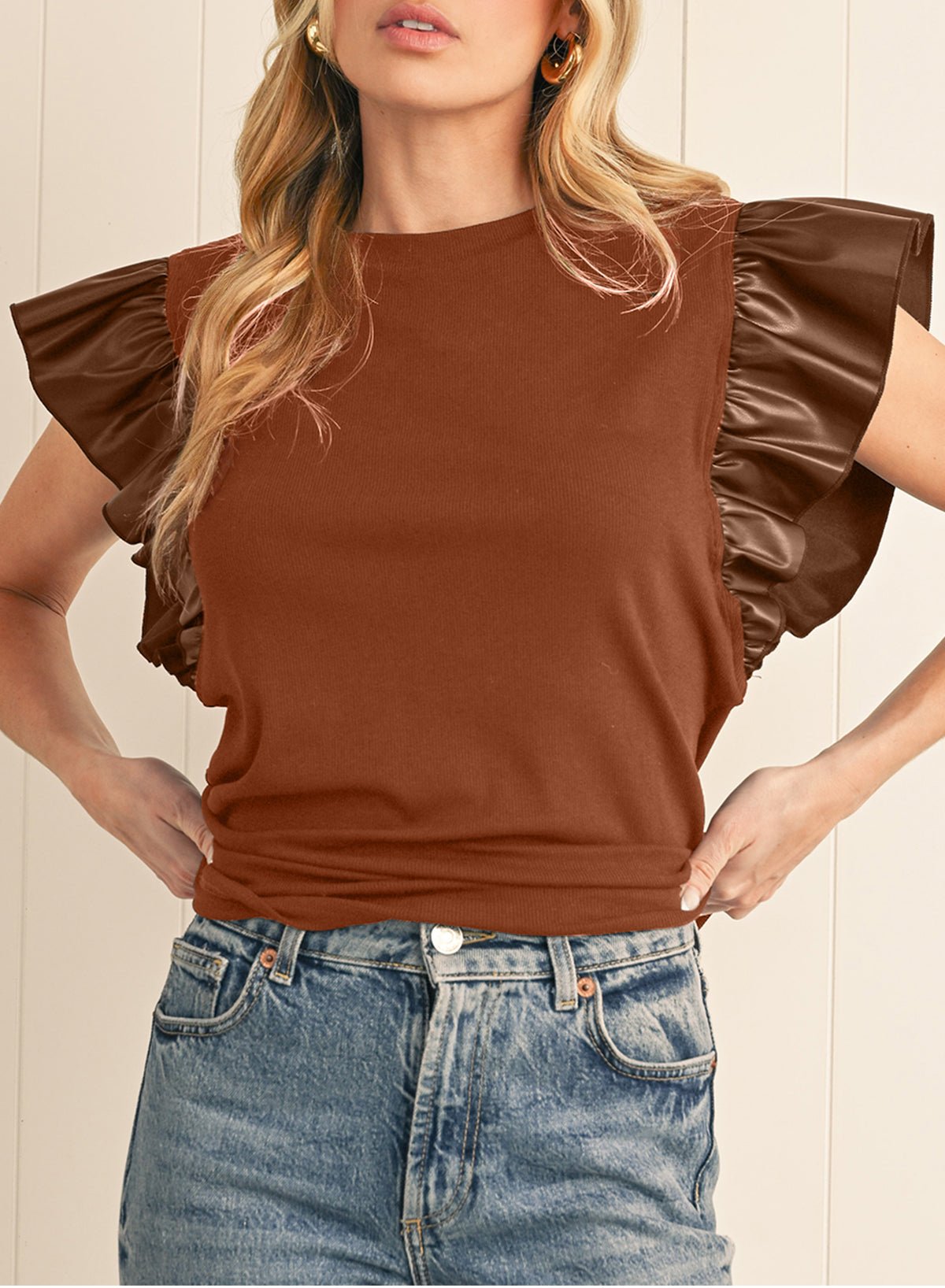 Black Leather Ruffle Shoulder Plain Blouse - MAD RUFFI