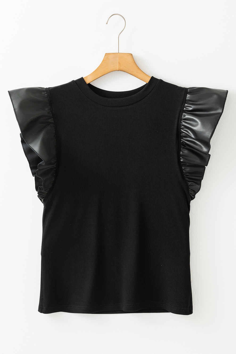 Black Leather Ruffle Shoulder Plain Blouse - MAD RUFFI