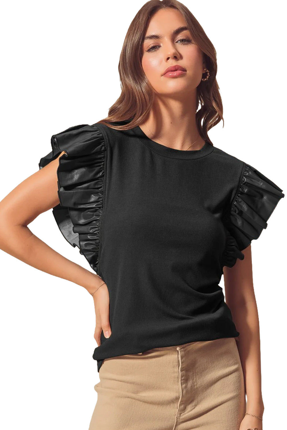 Black Leather Ruffle Shoulder Plain Blouse - MAD RUFFI