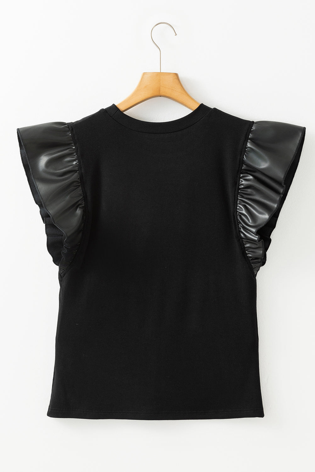 Black Leather Ruffle Shoulder Plain Blouse - MAD RUFFI