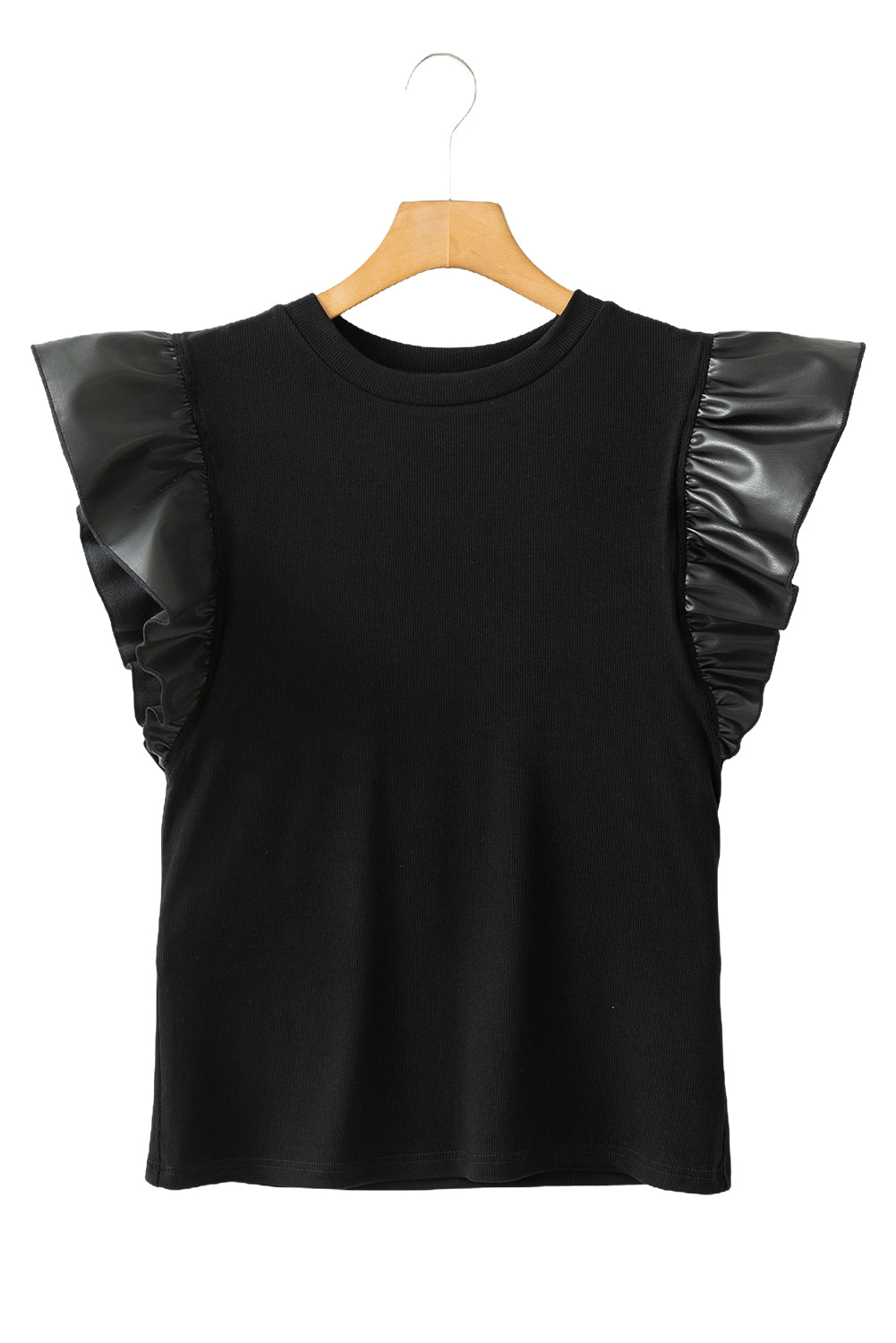 Black Leather Ruffle Shoulder Plain Blouse - MAD RUFFI