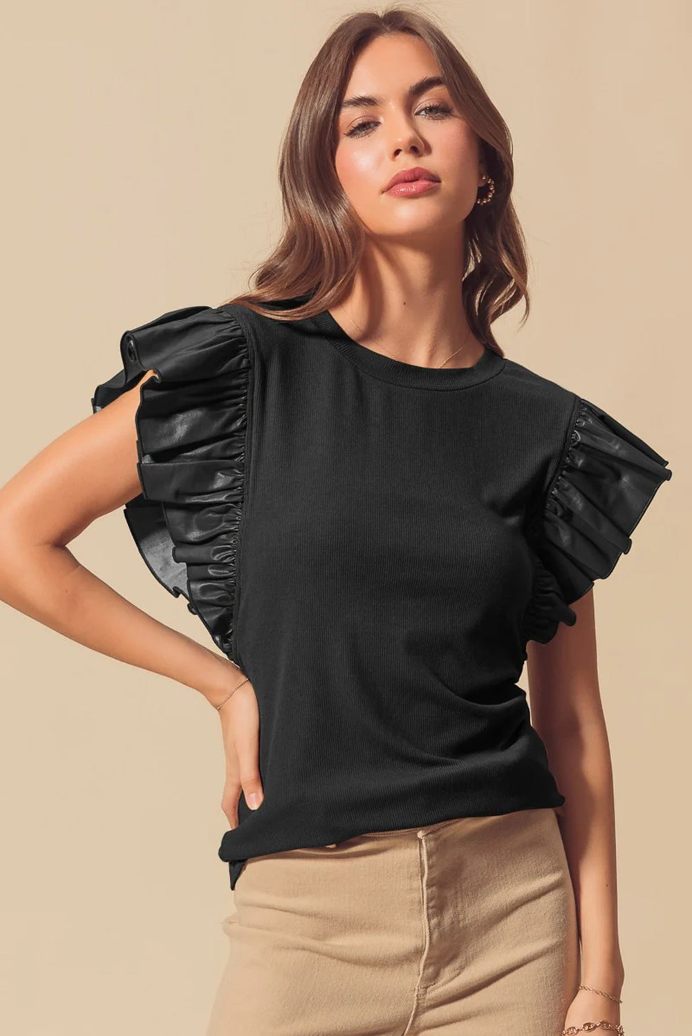 Black Leather Ruffle Shoulder Plain Blouse - MAD RUFFI