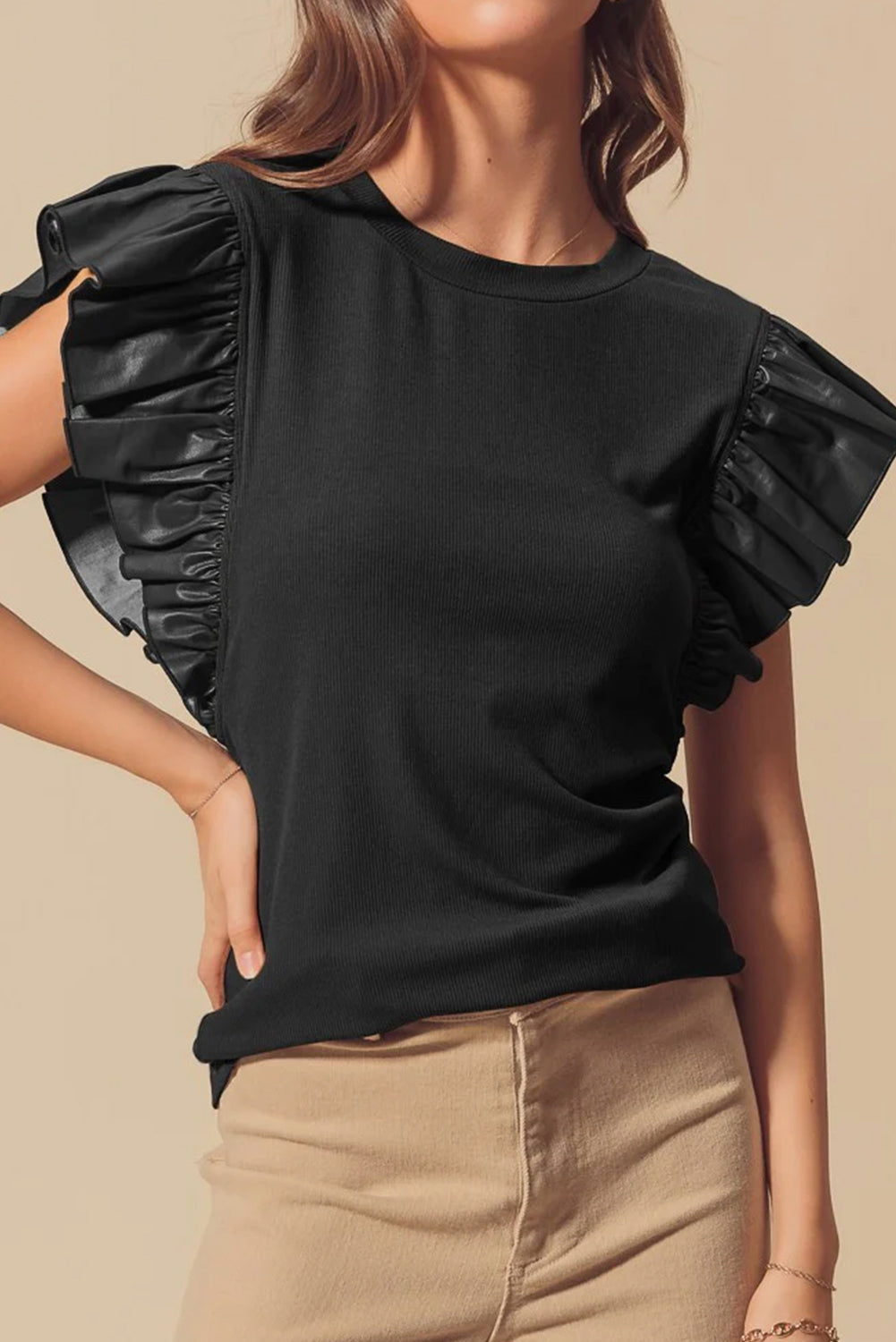 Black Leather Ruffle Shoulder Plain Blouse - MAD RUFFI