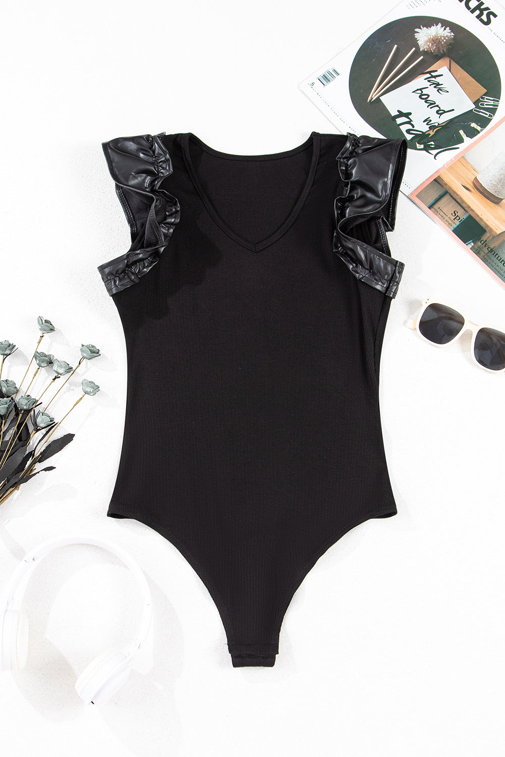 Black Leatherette Ruffle Patchwork Ribbed V Neck Bodysuit - Bodysuit